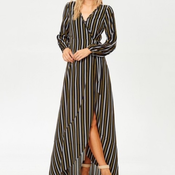 Jane Plus One Dresses & Skirts - Jane Plus One black and gold pinstripe long cut out sleeve maxi wrap dress